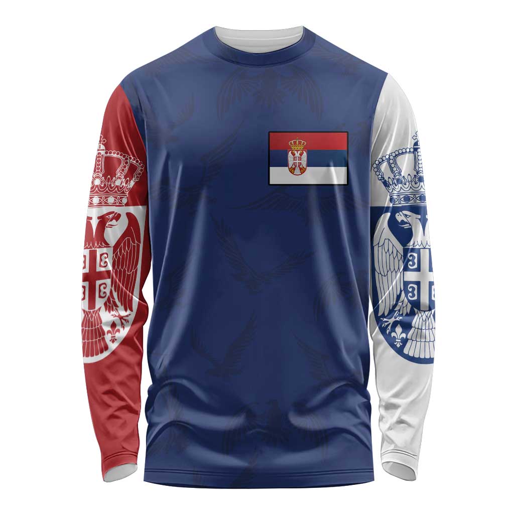 Serbia Flag Long Sleeve Shirt with Double-Headed Eagle and National Coat of Arms Design