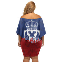 Serbia Flag Off Shoulder Short Dress with Double-Headed Eagle and National Coat of Arms Design