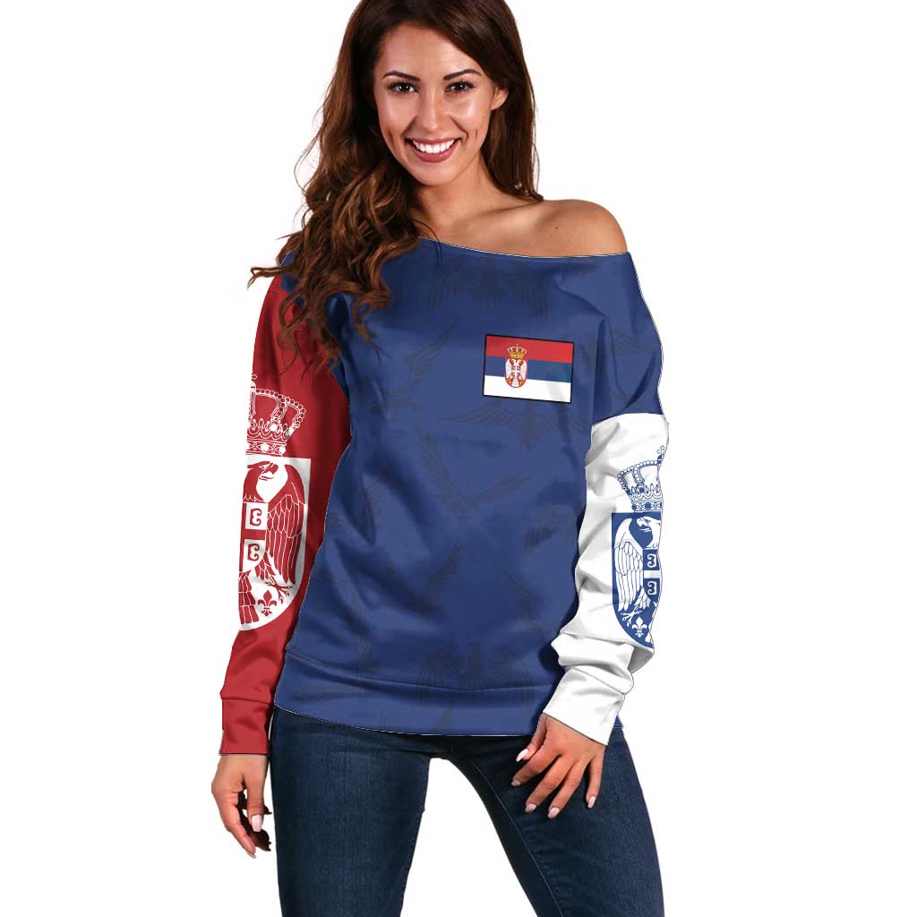 Serbia Flag Off Shoulder Sweater with Double-Headed Eagle and National Coat of Arms Design
