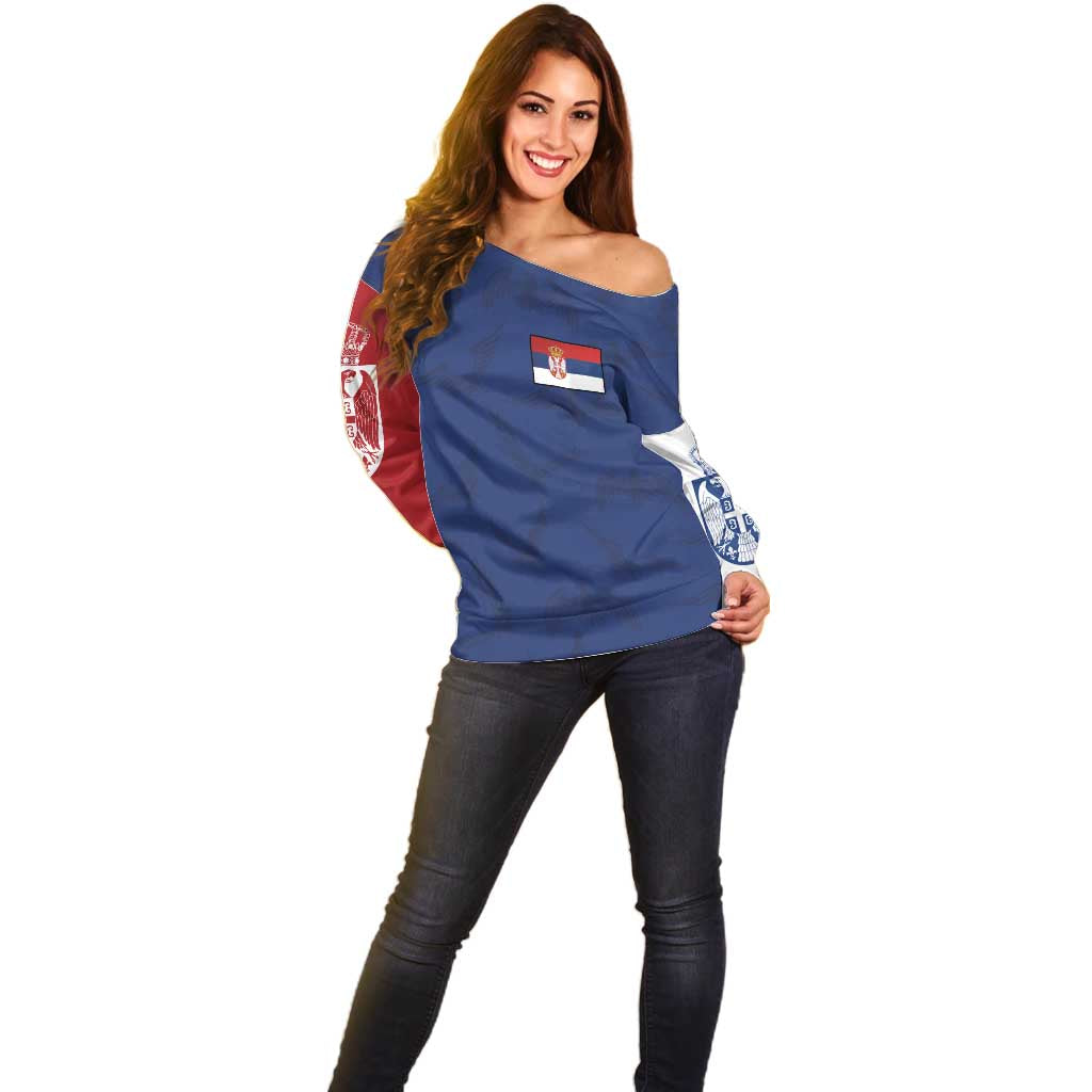 Serbia Flag Off Shoulder Sweater with Double-Headed Eagle and National Coat of Arms Design
