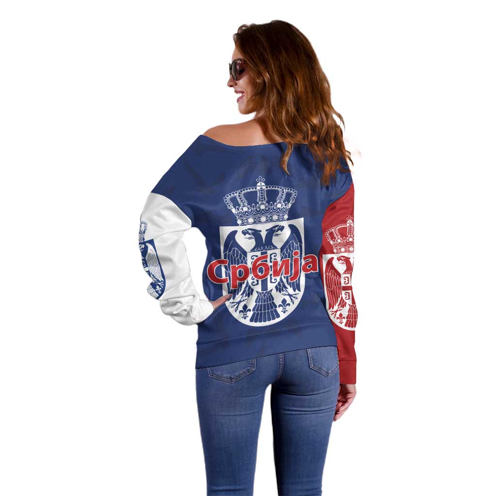 Serbia Flag Off Shoulder Sweater with Double-Headed Eagle and National Coat of Arms Design