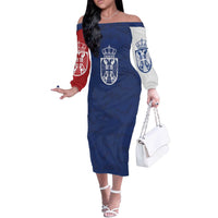 Serbia Flag Off The Shoulder Long Sleeve Dress with Double-Headed Eagle and National Coat of Arms Design