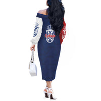 Serbia Flag Off The Shoulder Long Sleeve Dress with Double-Headed Eagle and National Coat of Arms Design