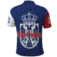 Serbia Flag Polo Shirt with Double-Headed Eagle and National Coat of Arms Design