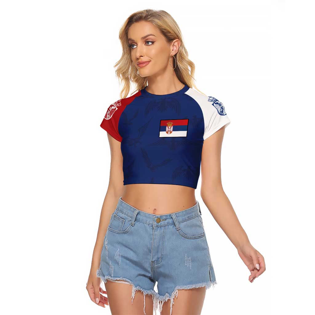 Serbia Flag Raglan Cropped T Shirt with Double-Headed Eagle and National Coat of Arms Design