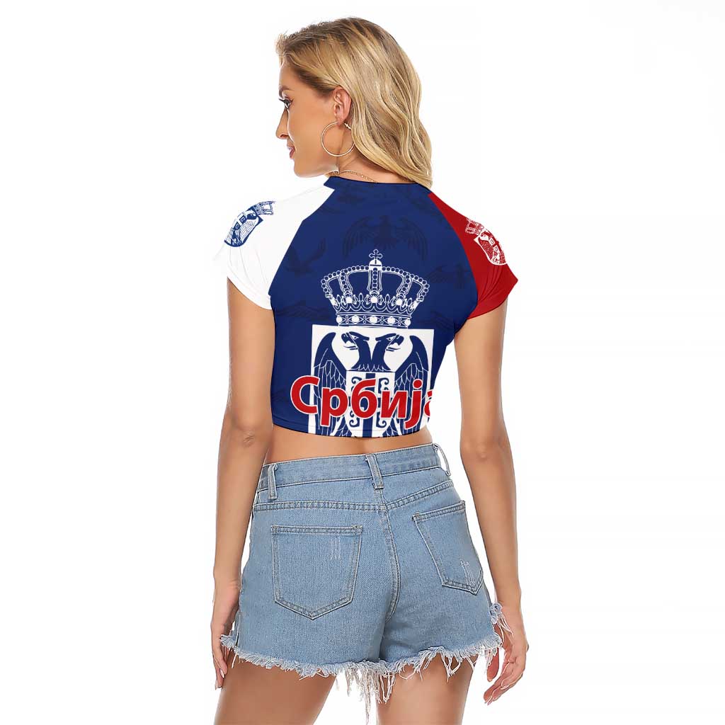 Serbia Flag Raglan Cropped T Shirt with Double-Headed Eagle and National Coat of Arms Design