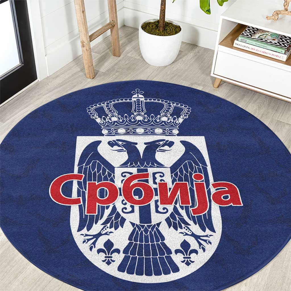 Serbia Flag Round Carpet with Double-Headed Eagle and National Coat of Arms Design