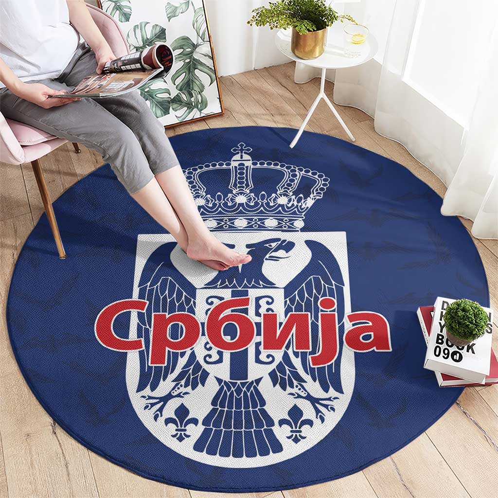 Serbia Flag Round Carpet with Double-Headed Eagle and National Coat of Arms Design