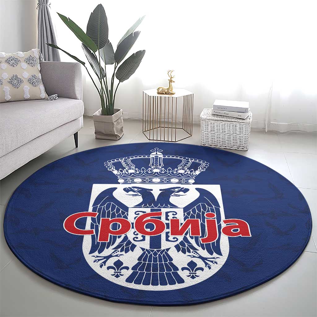 Serbia Flag Round Carpet with Double-Headed Eagle and National Coat of Arms Design