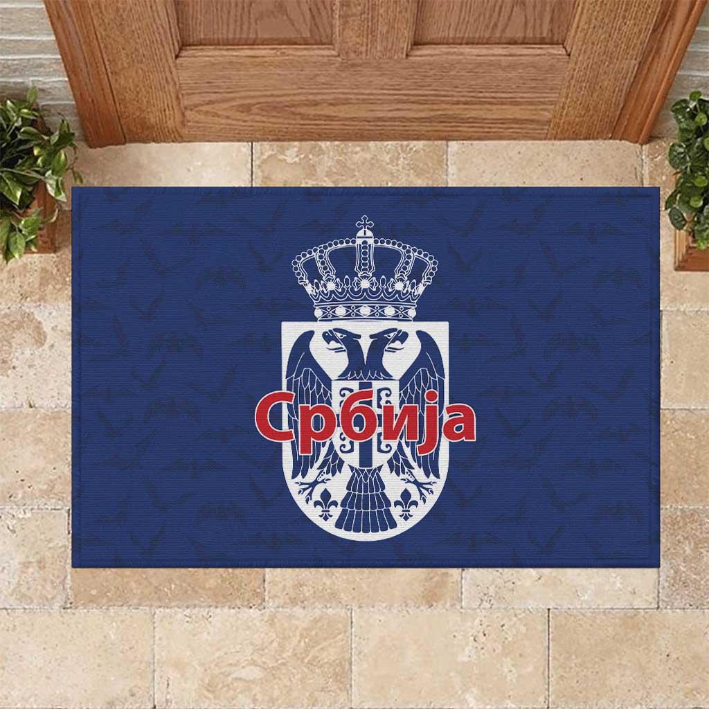 Serbia Flag Rubber Doormat with Double-Headed Eagle and National Coat of Arms Design
