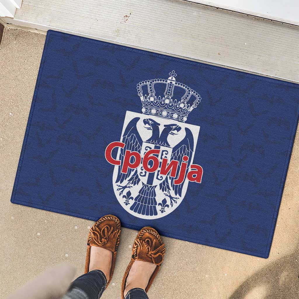 Serbia Flag Rubber Doormat with Double-Headed Eagle and National Coat of Arms Design