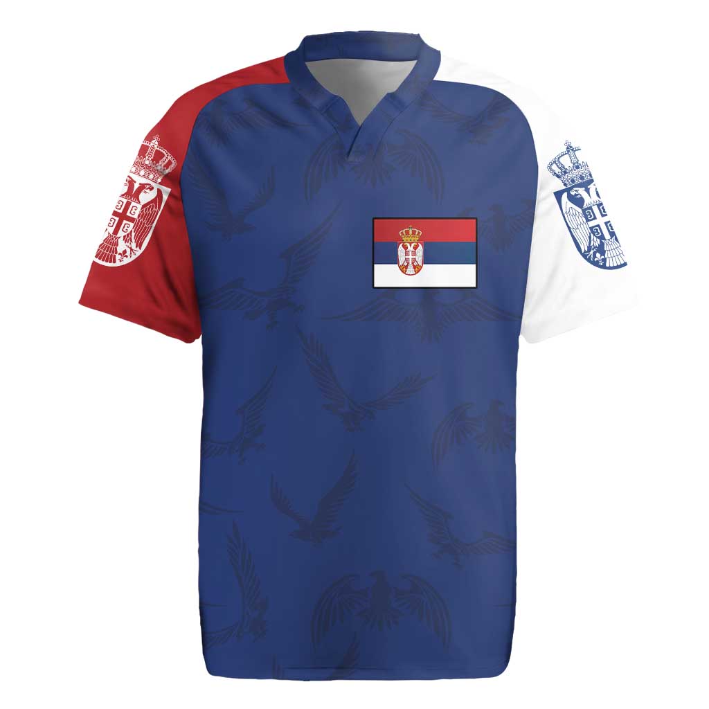 Serbia Flag Rugby Jersey with Double-Headed Eagle and National Coat of Arms Design