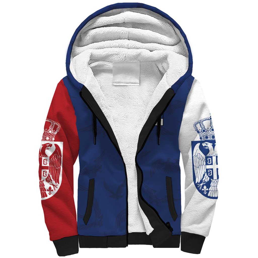 Serbia Flag Sherpa Hoodie with Double-Headed Eagle and National Coat of Arms Design