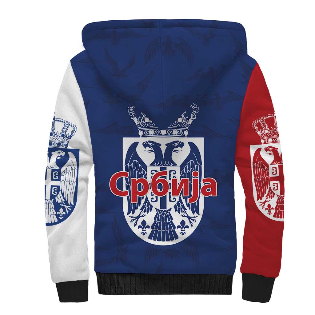 Serbia Flag Sherpa Hoodie with Double-Headed Eagle and National Coat of Arms Design