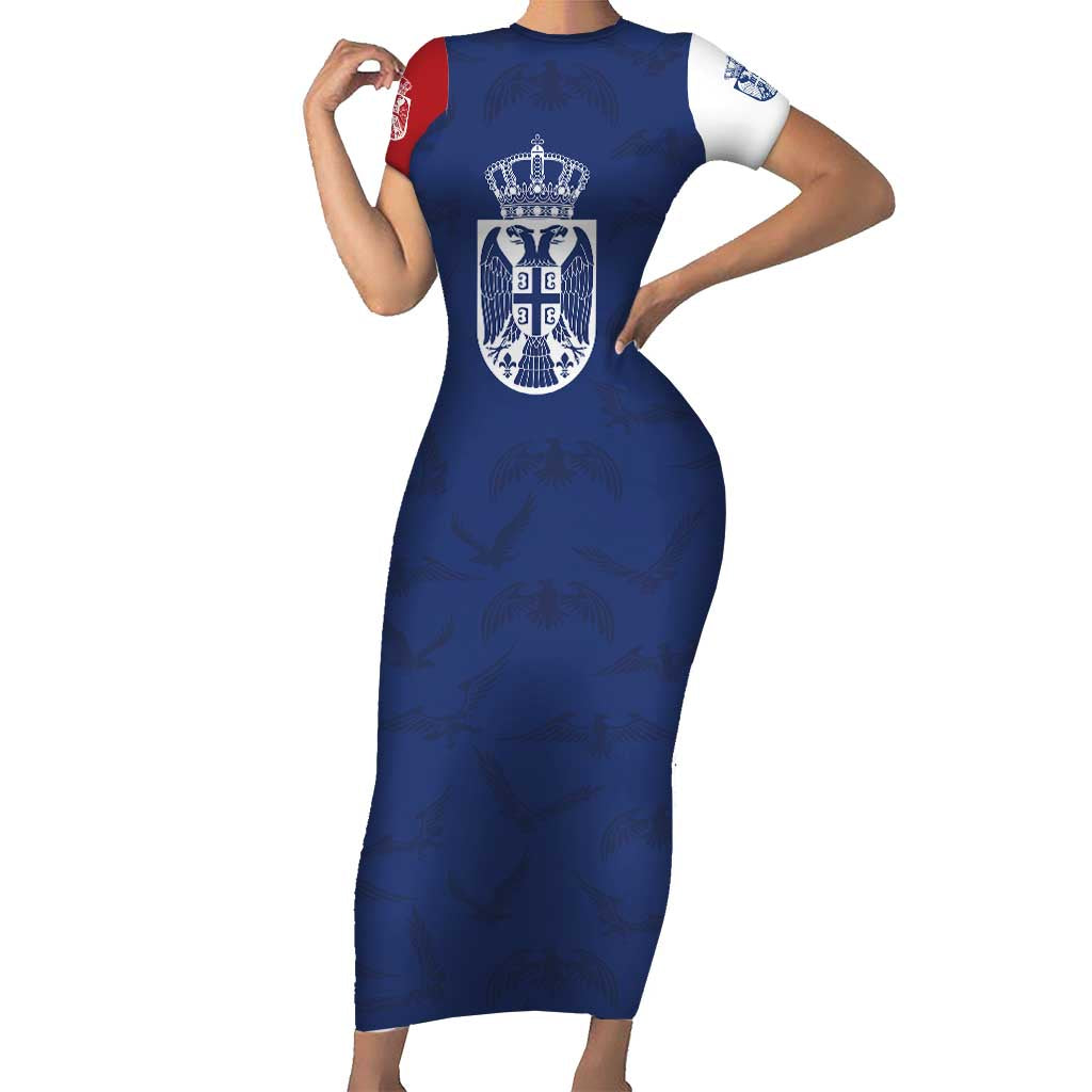 Serbia Flag Short Sleeve Bodycon Dress with Double-Headed Eagle and National Coat of Arms Design