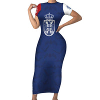 Serbia Flag Short Sleeve Bodycon Dress with Double-Headed Eagle and National Coat of Arms Design