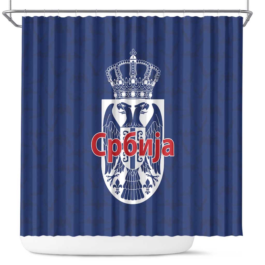 Serbia Flag Shower Curtain with Double-Headed Eagle and National Coat of Arms Design