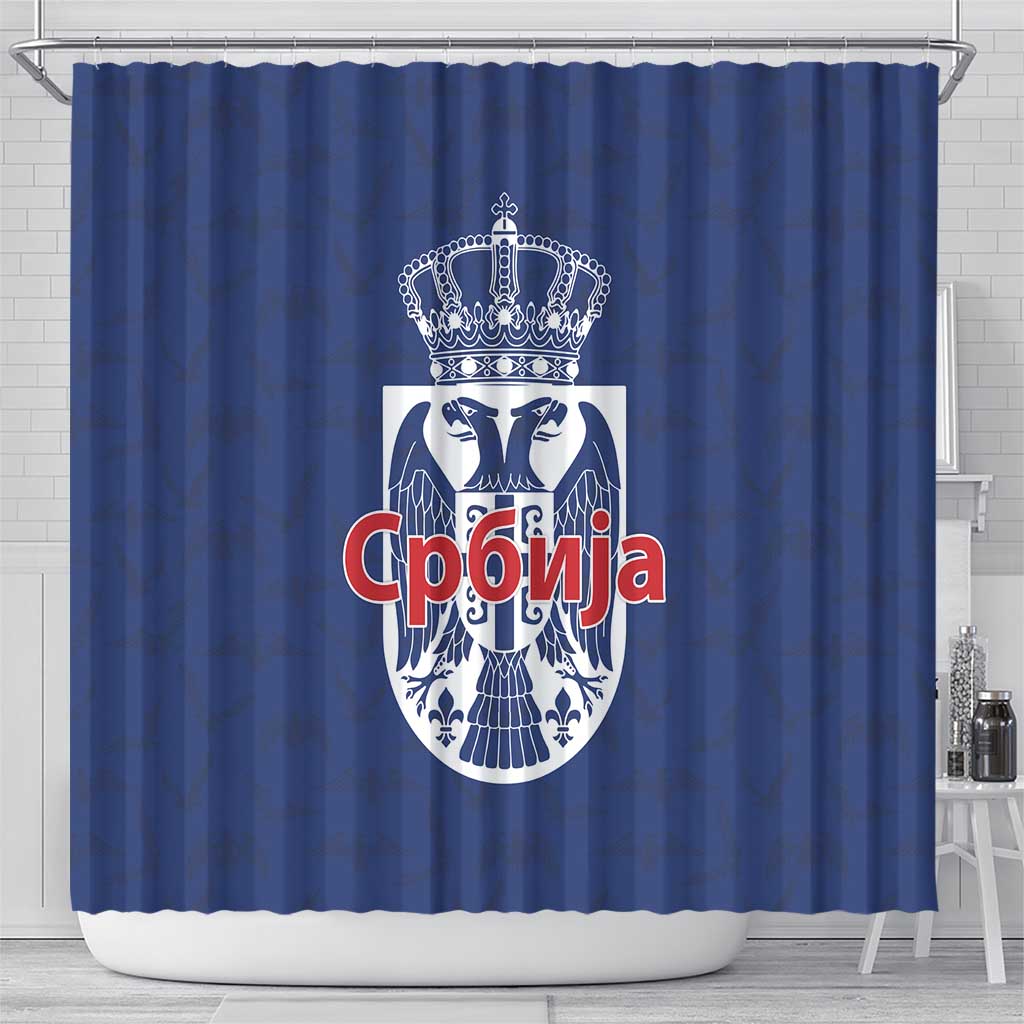 Serbia Flag Shower Curtain with Double-Headed Eagle and National Coat of Arms Design