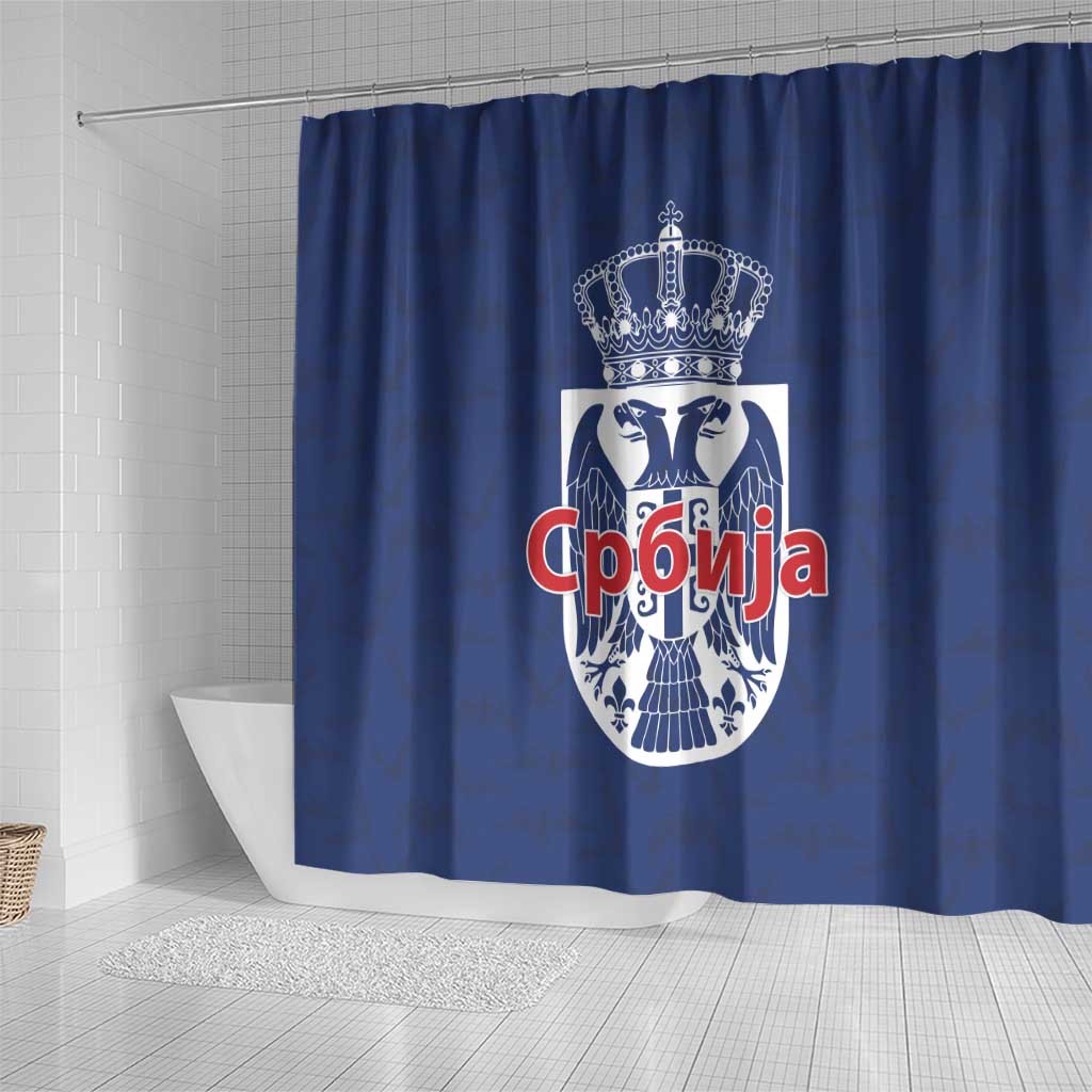 Serbia Flag Shower Curtain with Double-Headed Eagle and National Coat of Arms Design
