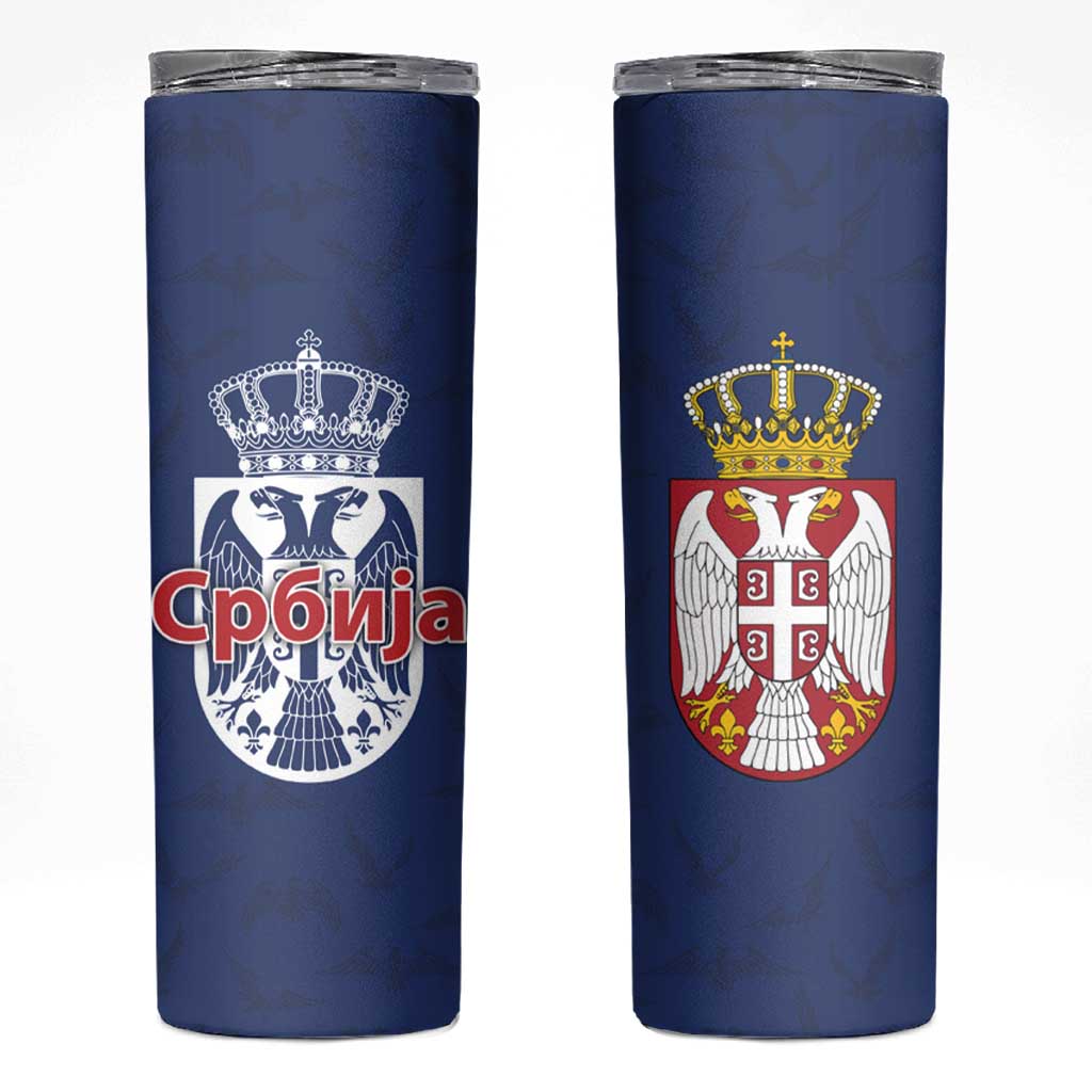 Serbia Flag Skinny Tumbler with Double-Headed Eagle and National Coat of Arms Design