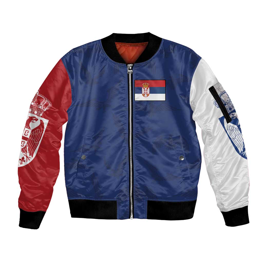Serbia Flag Sleeve Zip Bomber Jacket with Double-Headed Eagle and National Coat of Arms Design