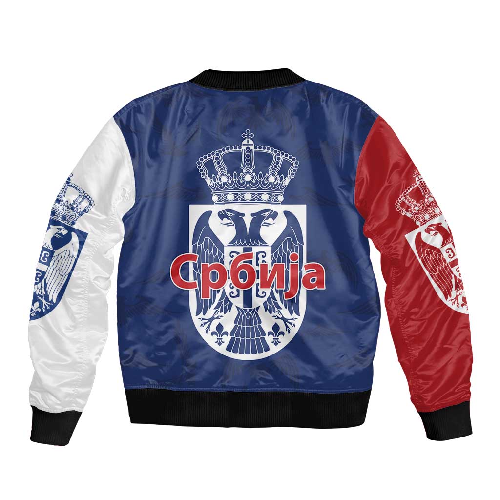 Serbia Flag Sleeve Zip Bomber Jacket with Double-Headed Eagle and National Coat of Arms Design