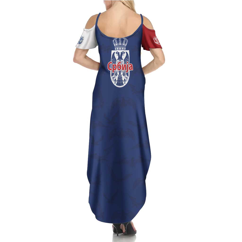 Serbia Flag Summer Maxi Dress with Double-Headed Eagle and National Coat of Arms Design