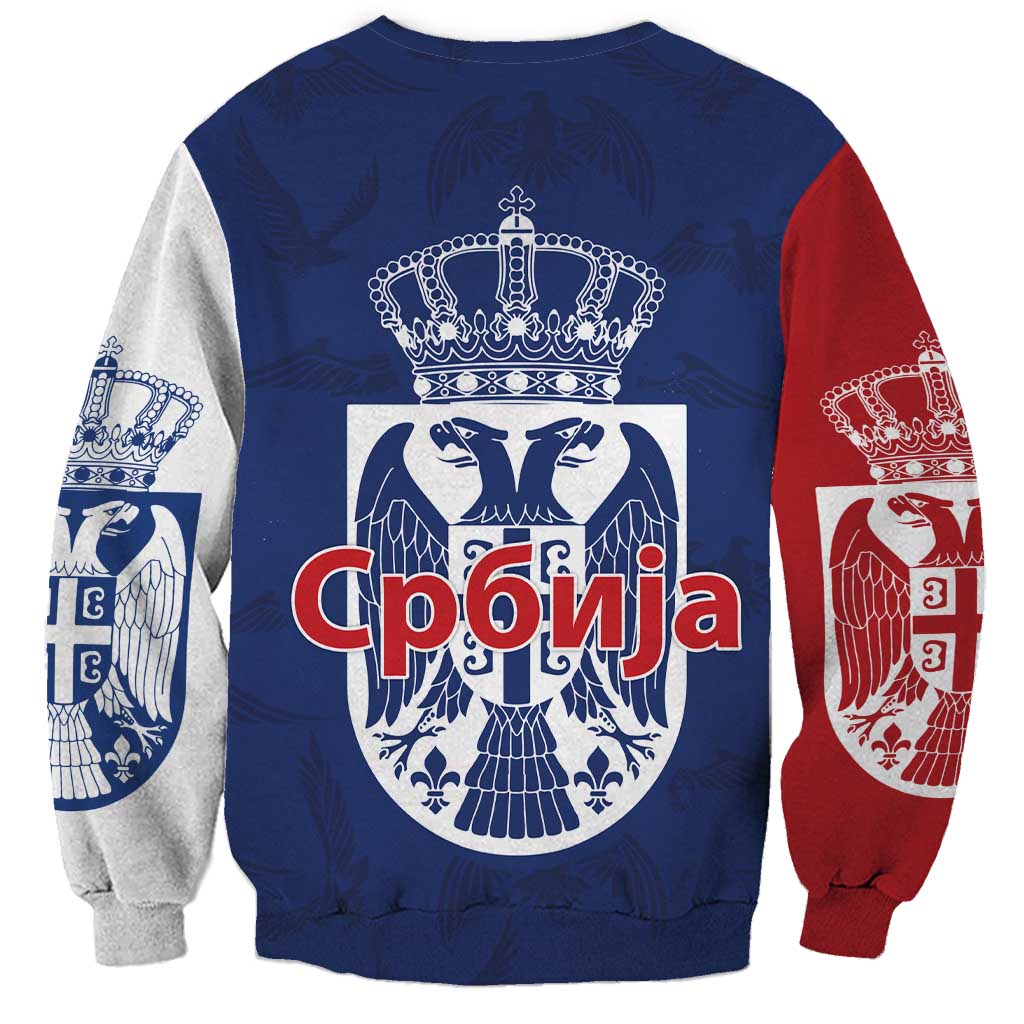 Serbia Flag Sweatshirt with Double-Headed Eagle and National Coat of Arms Design
