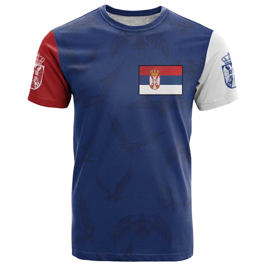 Serbia Flag T Shirt with Double-Headed Eagle and National Coat of Arms Design