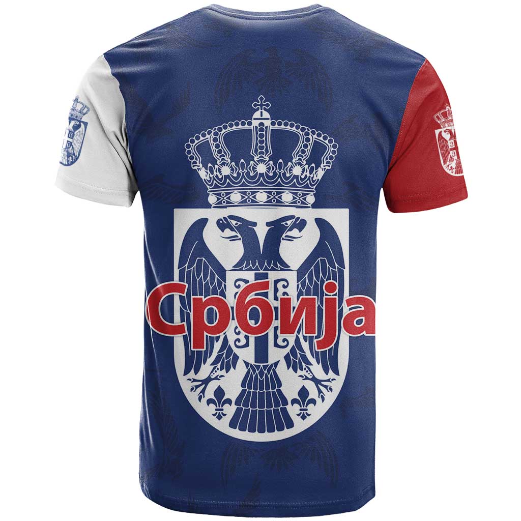 Serbia Flag T Shirt with Double-Headed Eagle and National Coat of Arms Design