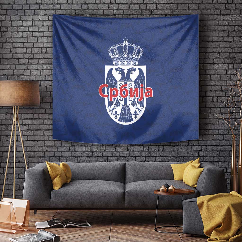 Serbia Flag Tapestry with Double-Headed Eagle and National Coat of Arms Design