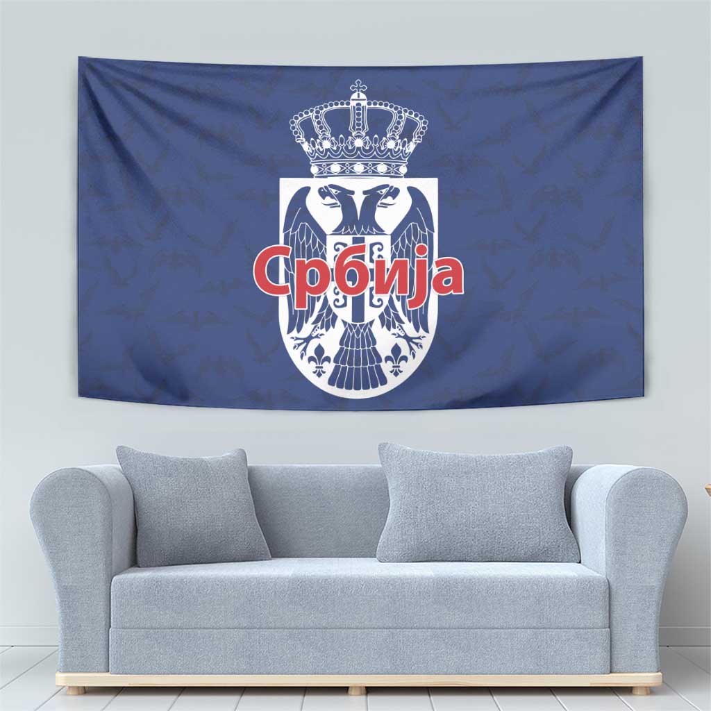 Serbia Flag Tapestry with Double-Headed Eagle and National Coat of Arms Design