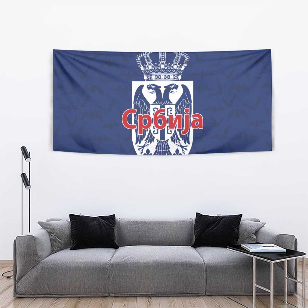 Serbia Flag Tapestry with Double-Headed Eagle and National Coat of Arms Design