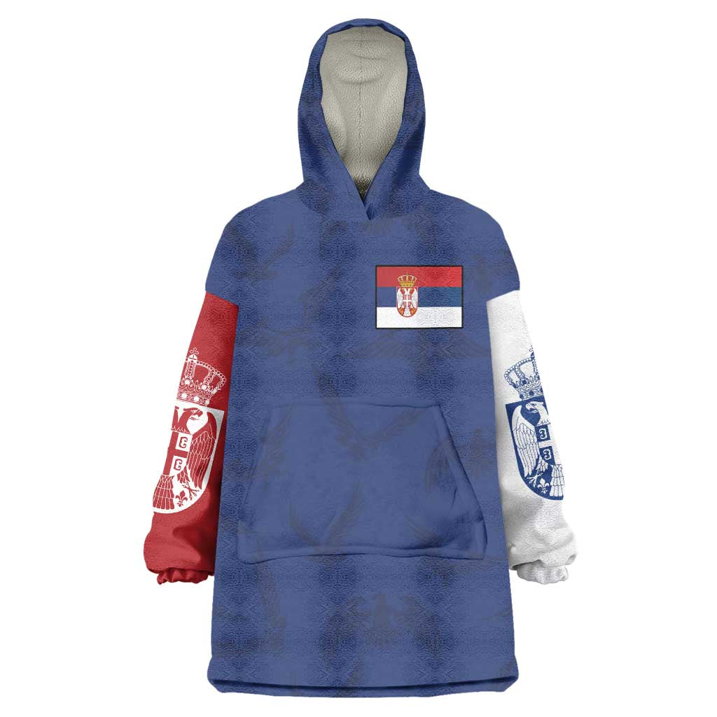 Serbia Flag Wearable Blanket Hoodie with Double-Headed Eagle and National Coat of Arms Design