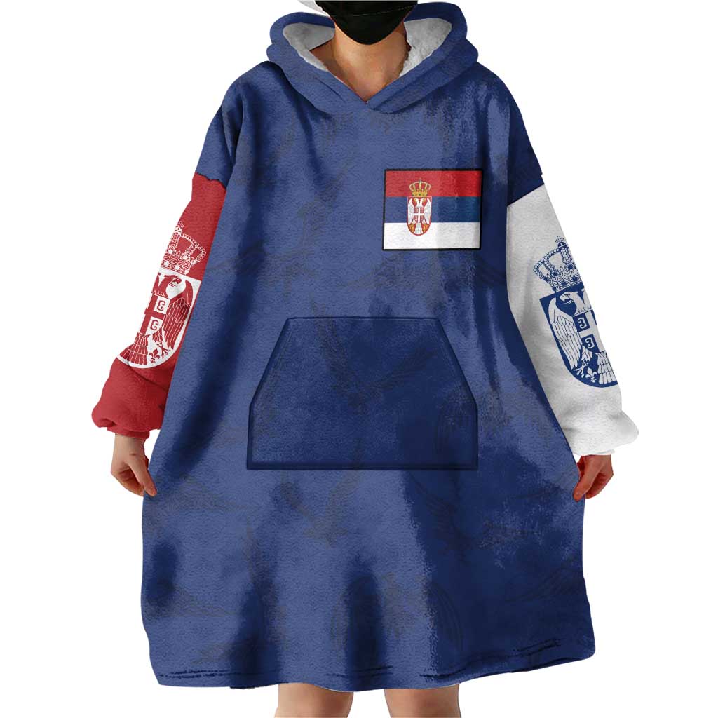 Serbia Flag Wearable Blanket Hoodie with Double-Headed Eagle and National Coat of Arms Design