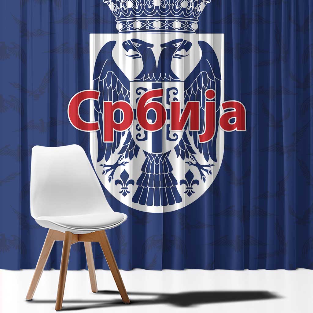 Serbia Flag Window Curtain with Double-Headed Eagle and National Coat of Arms Design