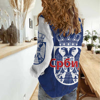 Serbia Flag Women Casual Shirt with Double-Headed Eagle and National Coat of Arms Design