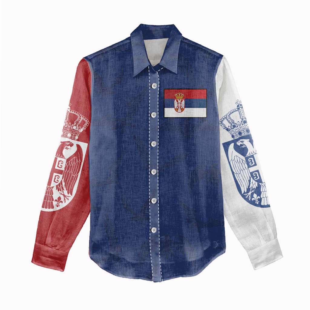 Serbia Flag Women Casual Shirt with Double-Headed Eagle and National Coat of Arms Design