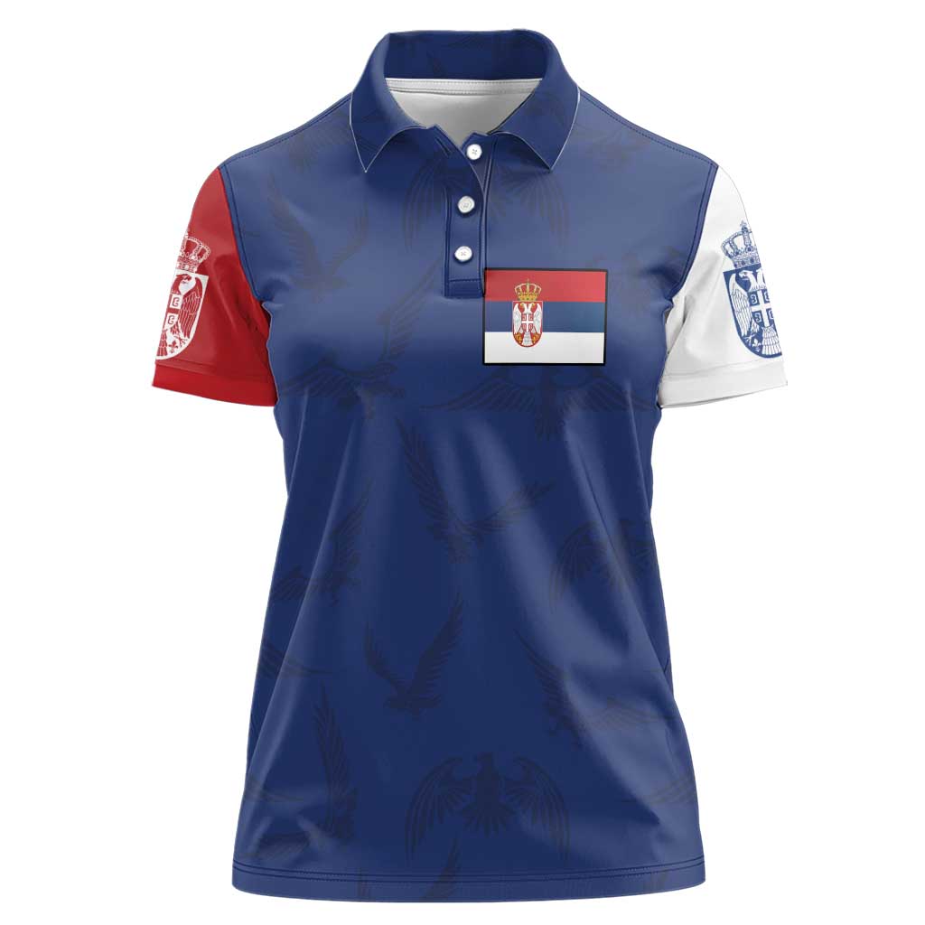 Serbia Flag Women Polo Shirt with Double-Headed Eagle and National Coat of Arms Design