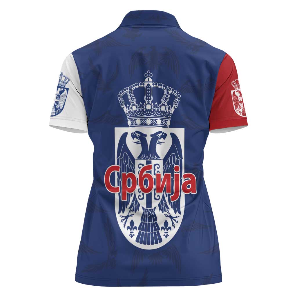 Serbia Flag Women Polo Shirt with Double-Headed Eagle and National Coat of Arms Design