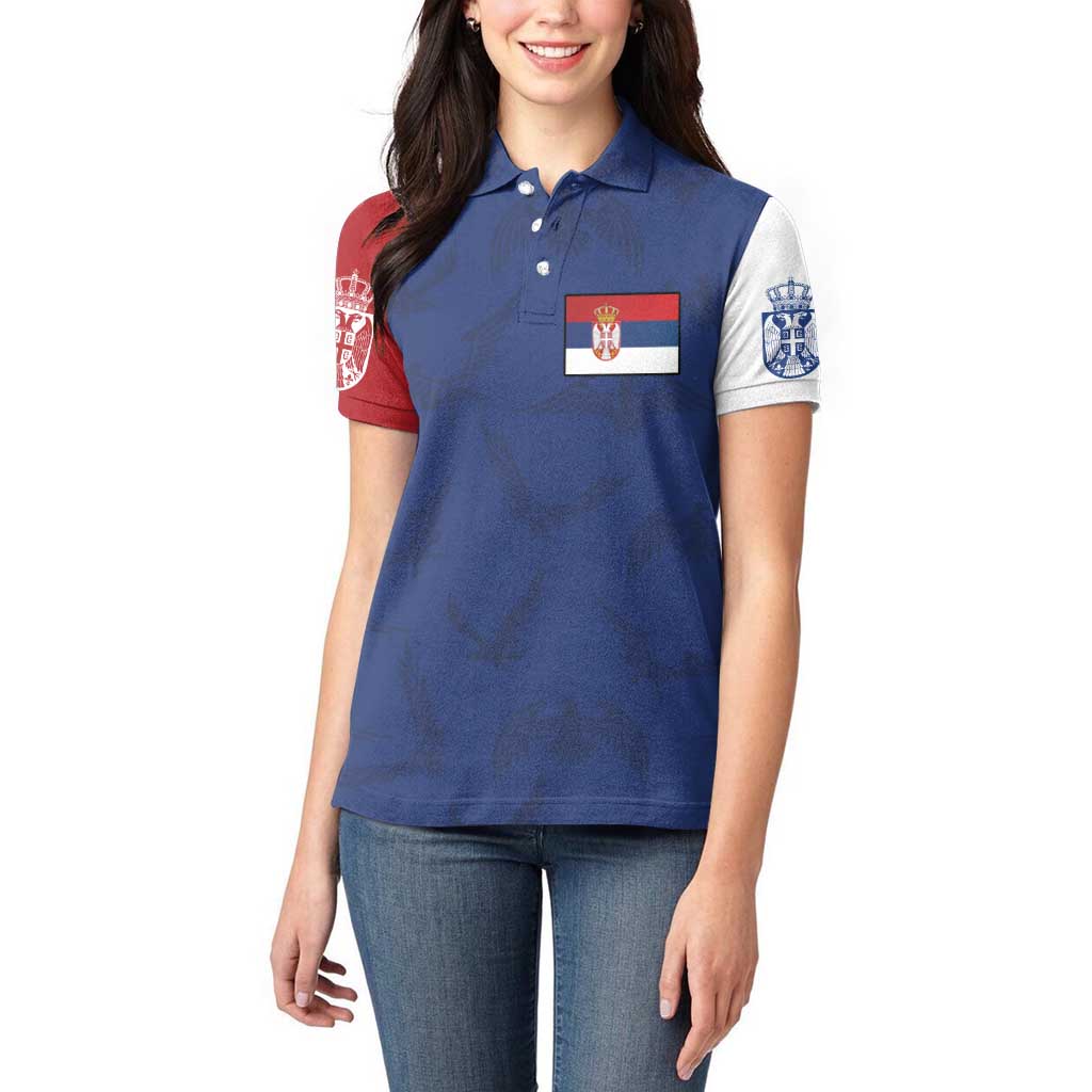 Serbia Flag Women Polo Shirt with Double-Headed Eagle and National Coat of Arms Design