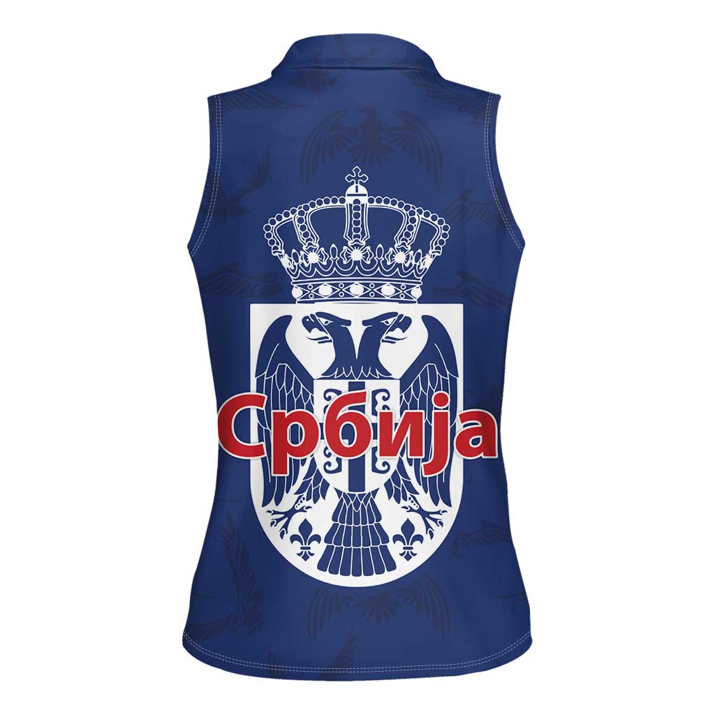 Serbia Flag Women Sleeveless Polo Shirt with Double-Headed Eagle and National Coat of Arms Design