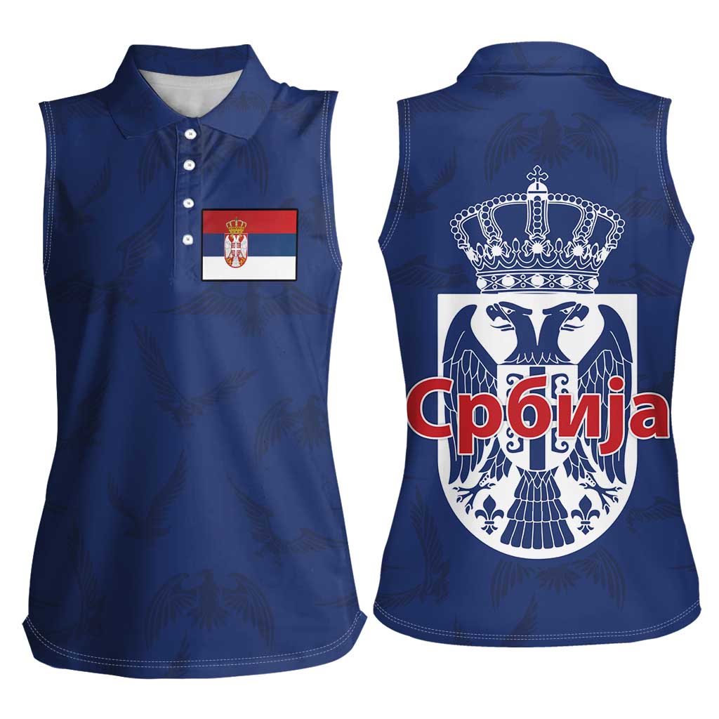 Serbia Flag Women Sleeveless Polo Shirt with Double-Headed Eagle and National Coat of Arms Design