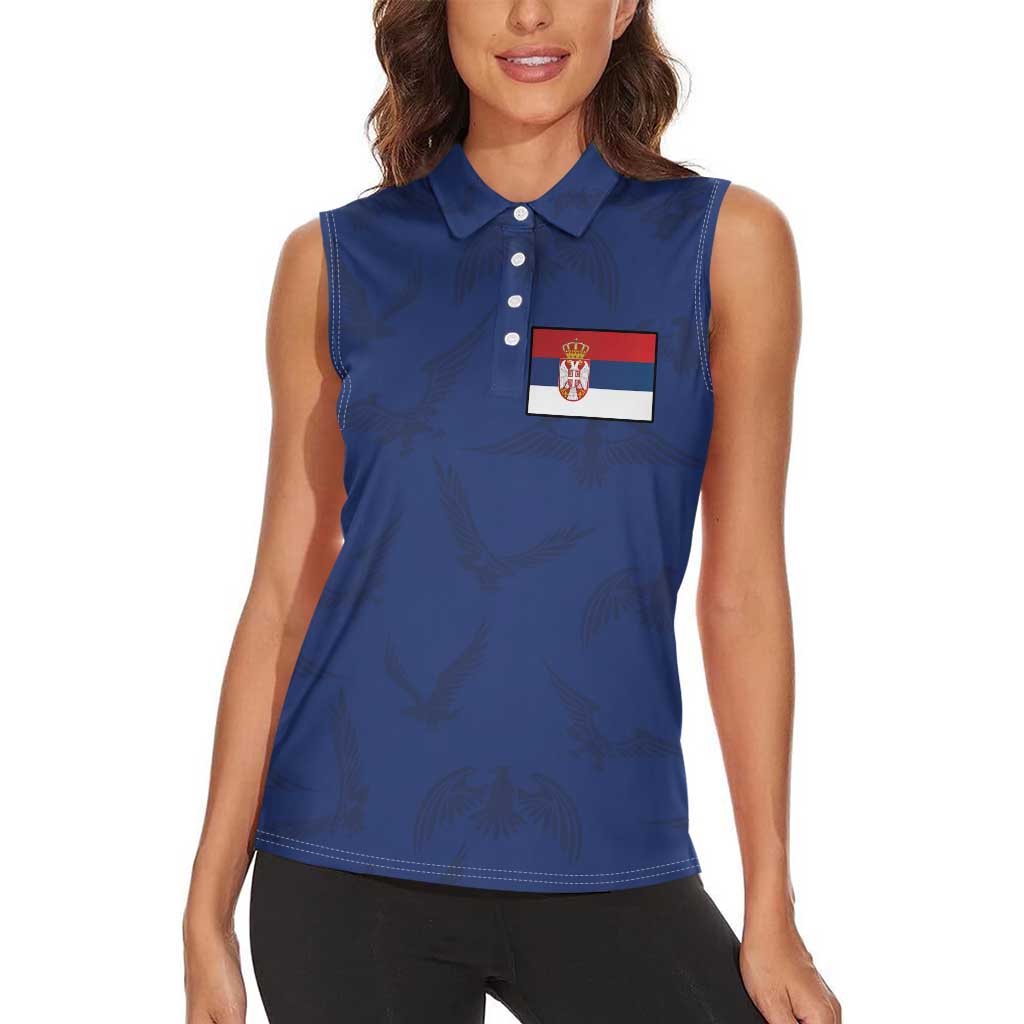Serbia Flag Women Sleeveless Polo Shirt with Double-Headed Eagle and National Coat of Arms Design