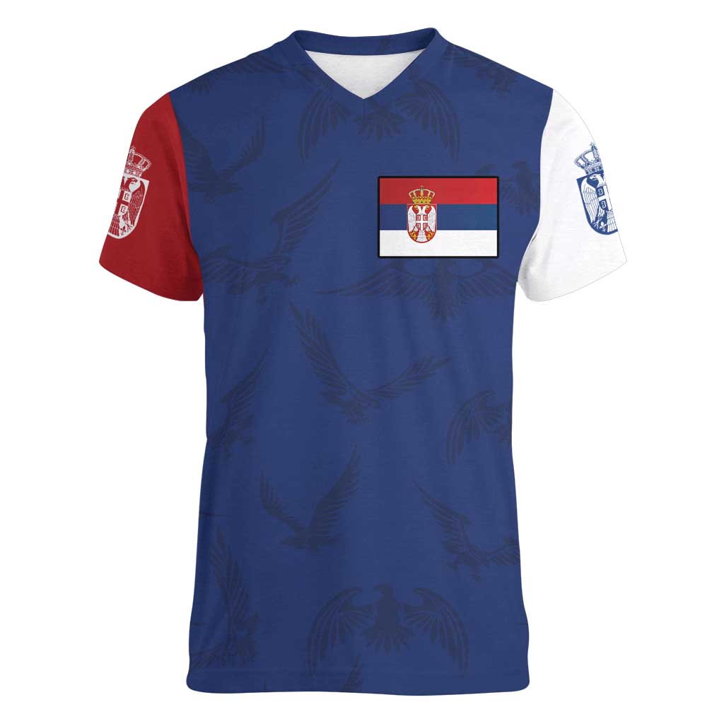 Serbia Flag Women V-Neck T-Shirt with Double-Headed Eagle and National Coat of Arms Design