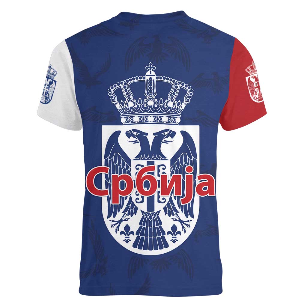 Serbia Flag Women V-Neck T-Shirt with Double-Headed Eagle and National Coat of Arms Design