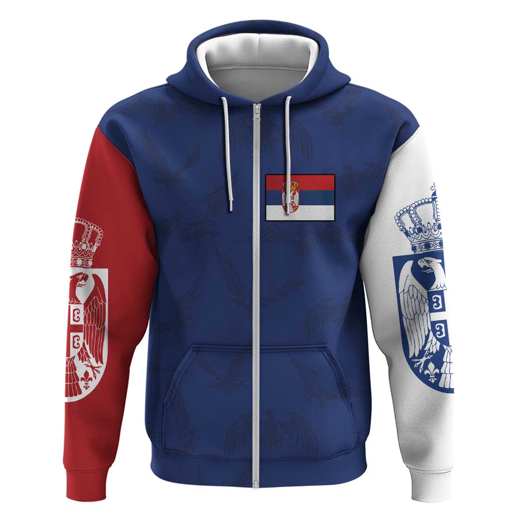 Serbia Flag Zip Hoodie with Double-Headed Eagle and National Coat of Arms Design