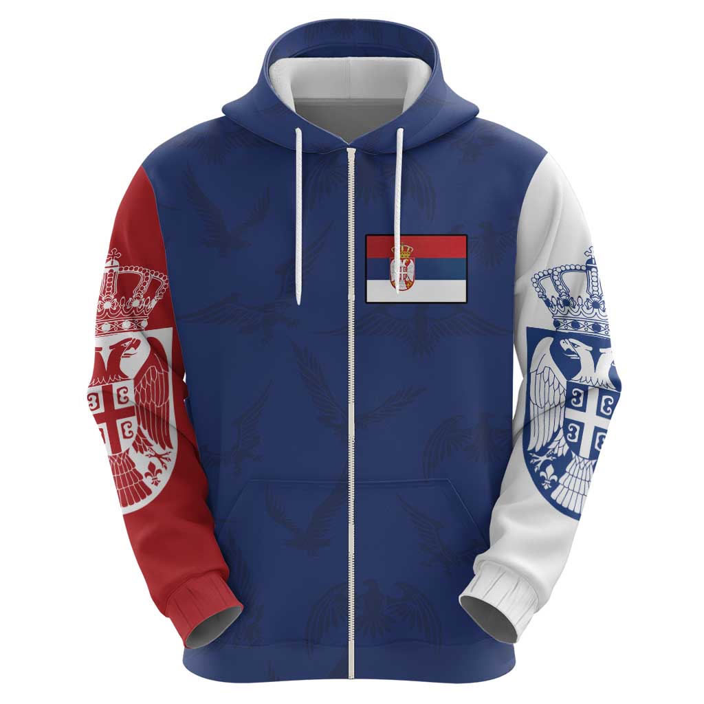 Serbia Flag Zip Hoodie with Double-Headed Eagle and National Coat of Arms Design