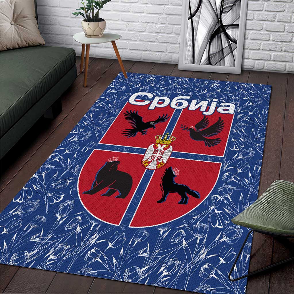 Serbia Area Rug with Royal Animal Crest and Tulip Floral Blue Background