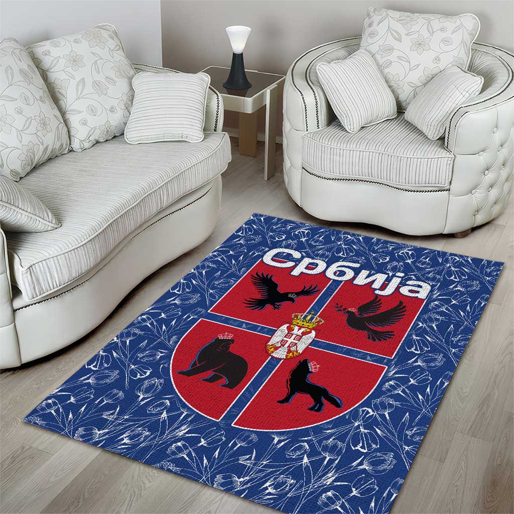 Serbia Area Rug with Royal Animal Crest and Tulip Floral Blue Background
